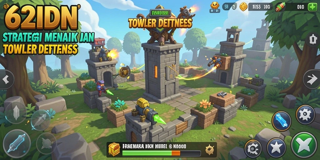 Screenshot gameplay Tower Defense yang mendebarkan dengan menara dan musuh.