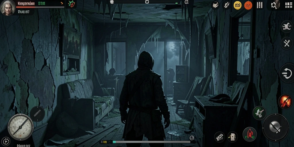 Tampilan menegangkan dari gameplay <strong>SD107</strong> saat menjelajahi rumah berhantu.