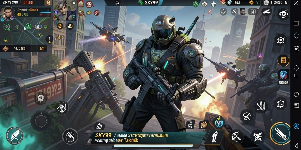 Tangkapan layar utama SKY99 menampilkan pertempuran strategis yang seru.